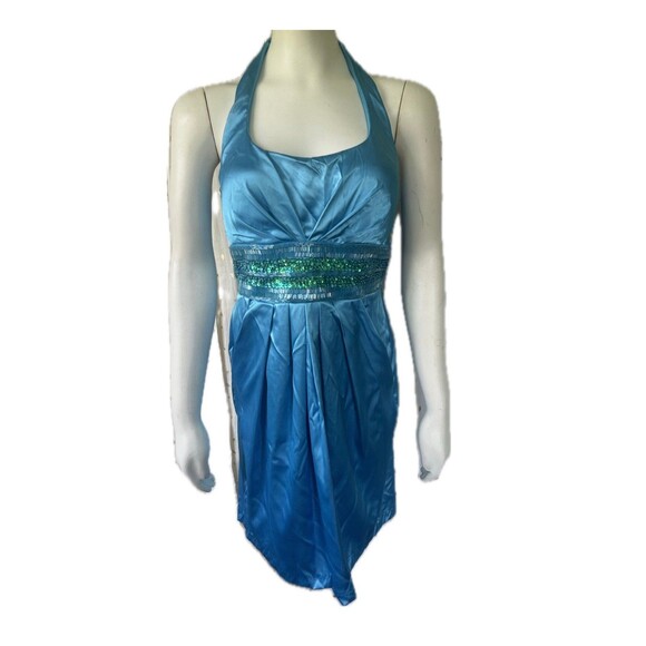 Josh & Jazz NWT Turquoise Beaded Satin Halter Mini Cocktail Dress Pockets 9/10 - Picture 1 of 7